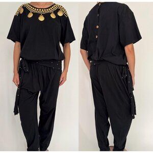 80s black embellished gold seashell studded funky loose cotton pant jumpsuit